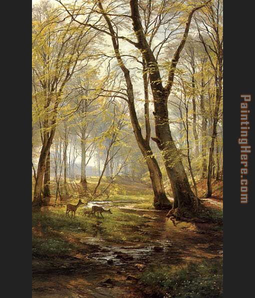 Carl Fredrik Aagard A Woodland Scene With Deer